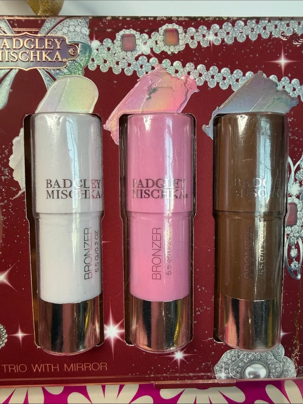 Badgley Mischka Pink and Brown Face Trio with Mirror